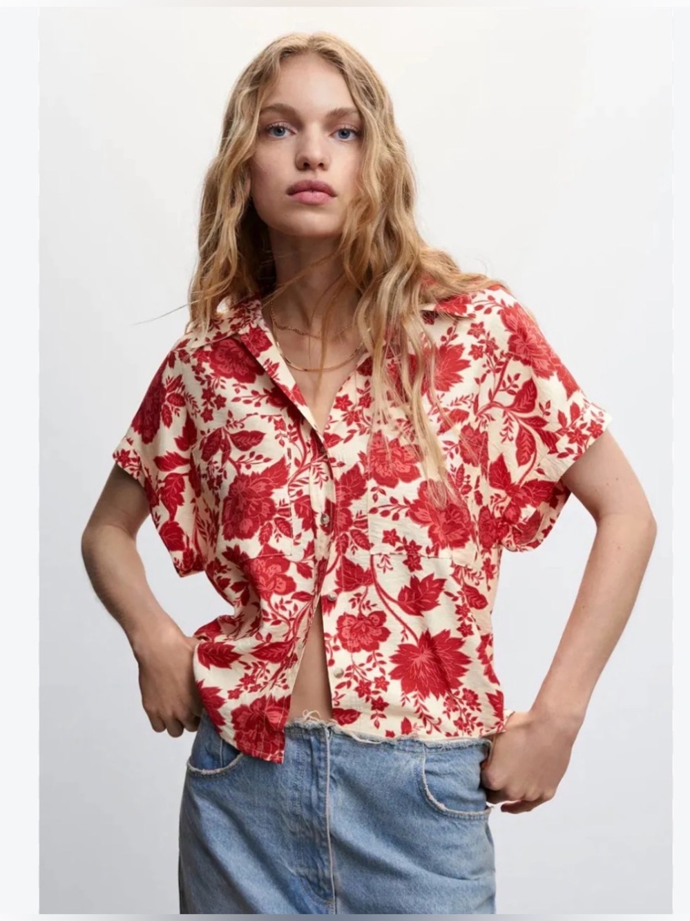 MNG red and cream floral shirt